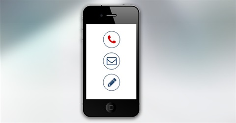 Black mobile phone with red telephone symbol dark blue envelope symbol and dark blue pencil symbol showing on the screen with a white background