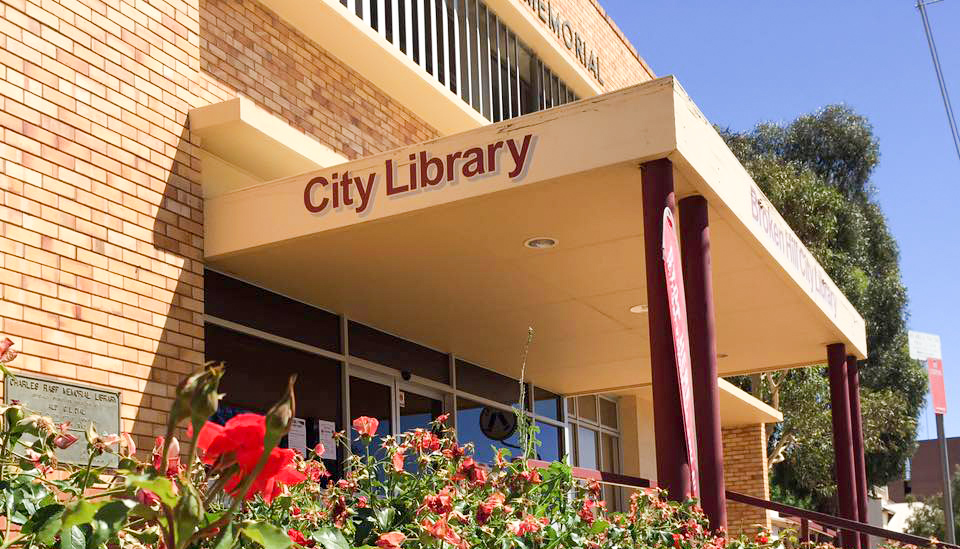 The Broken Hill City Library with roses in the foreground