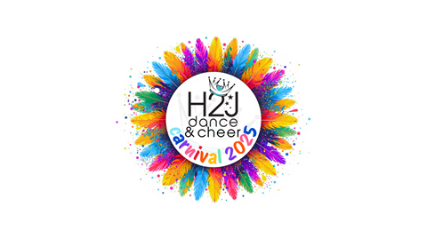 Logo for H2J Dance & Cheer Carnival 2023, featuring a vibrant circular array of colorful feathers surrounding a central white circle with the event's name and a crown symbol.