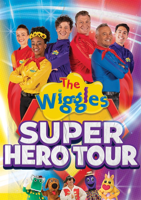 yello blue red and purple background with 6 adult performers smiling with arms crossed and the word The Wiggles Super Hero Tour centred across the image