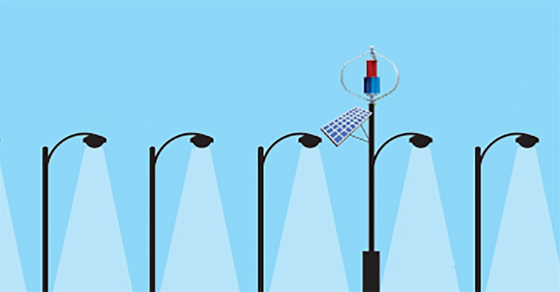 Cartoon image of traditional street lights being powered by a renewable energy pole