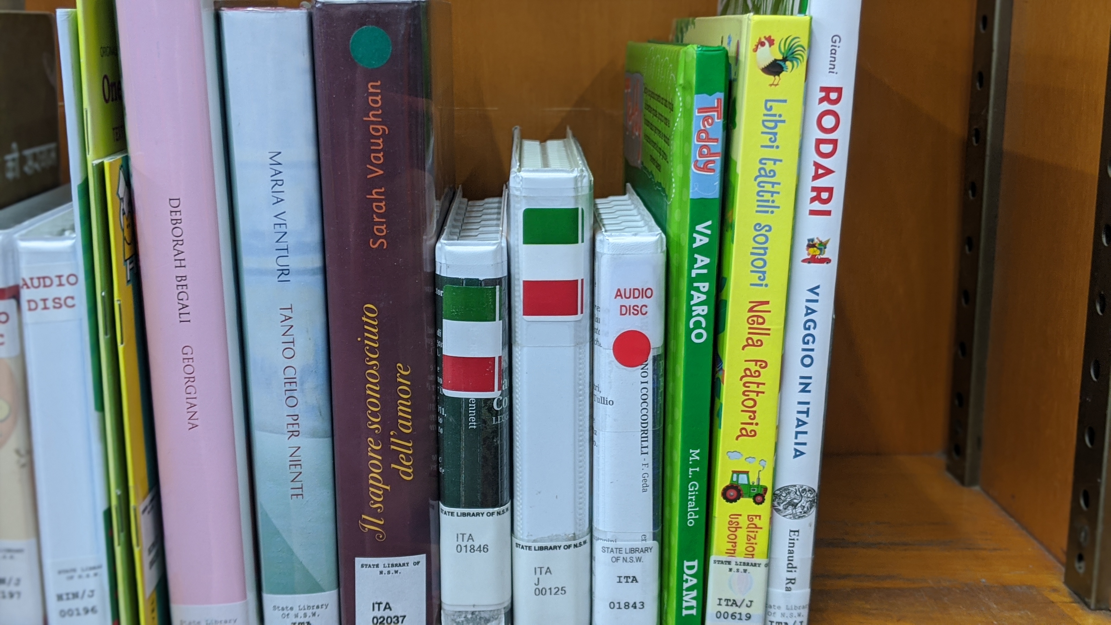 Photo of the Italian books on the shelf, spine view