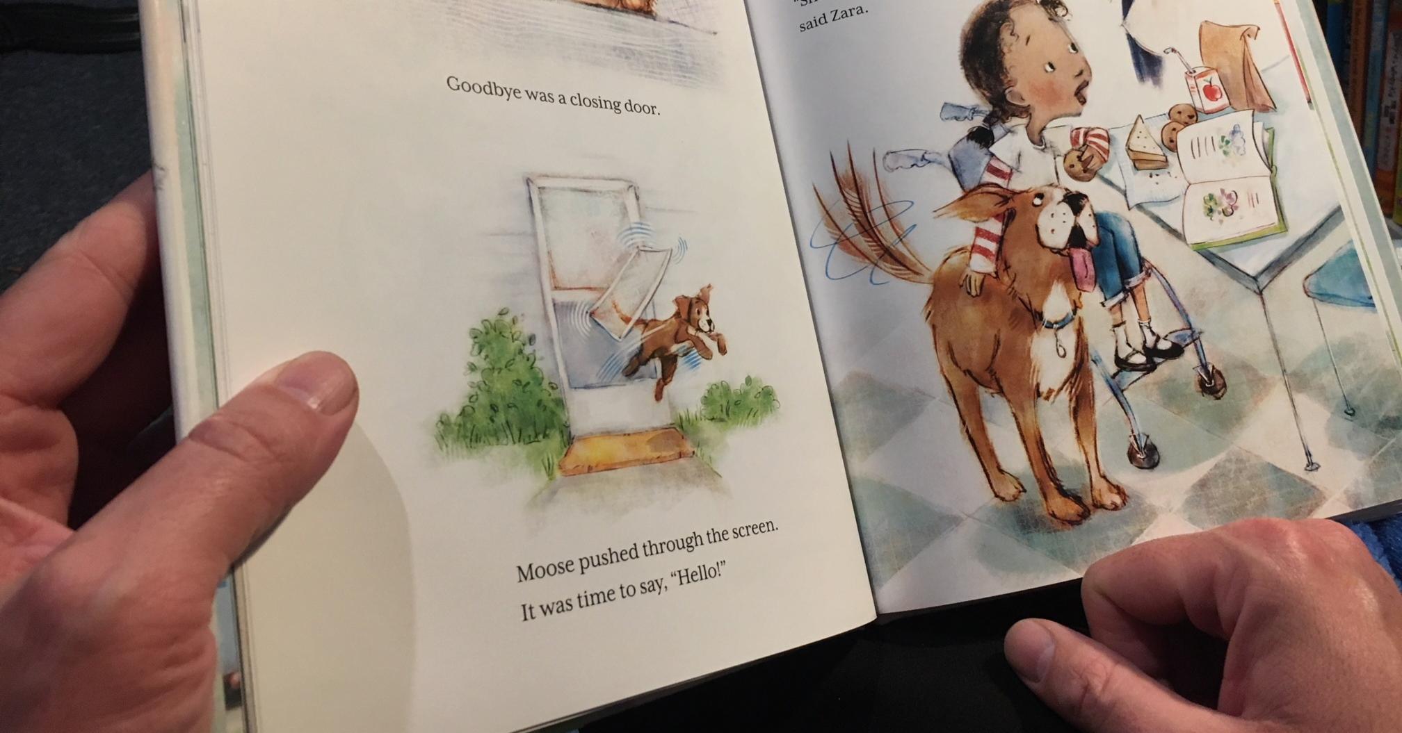 Open page of a picture of child and her therapy dog