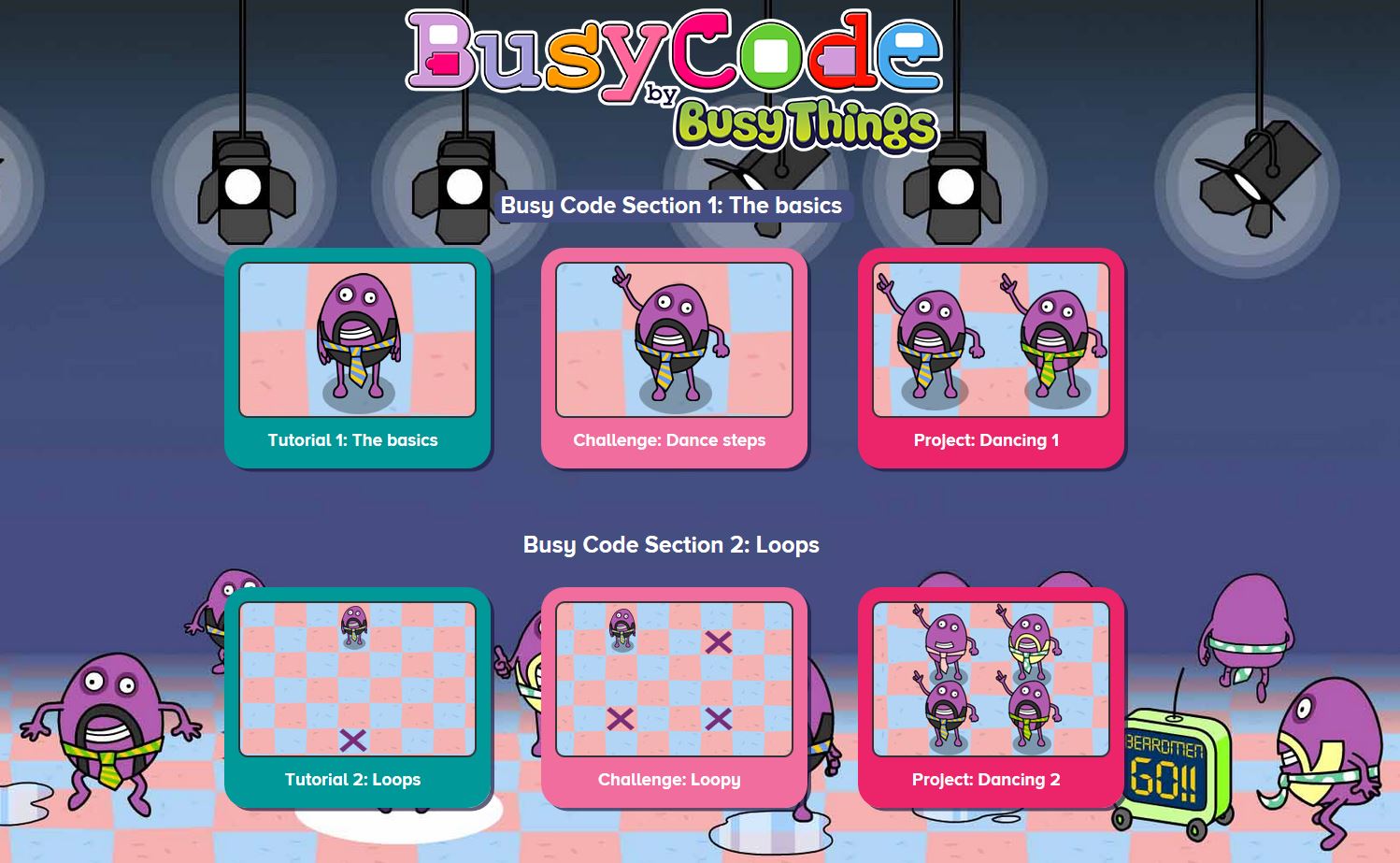 Screen shot of BusyCode by Busy Things home page, showing the first two sections with the basics and loops.