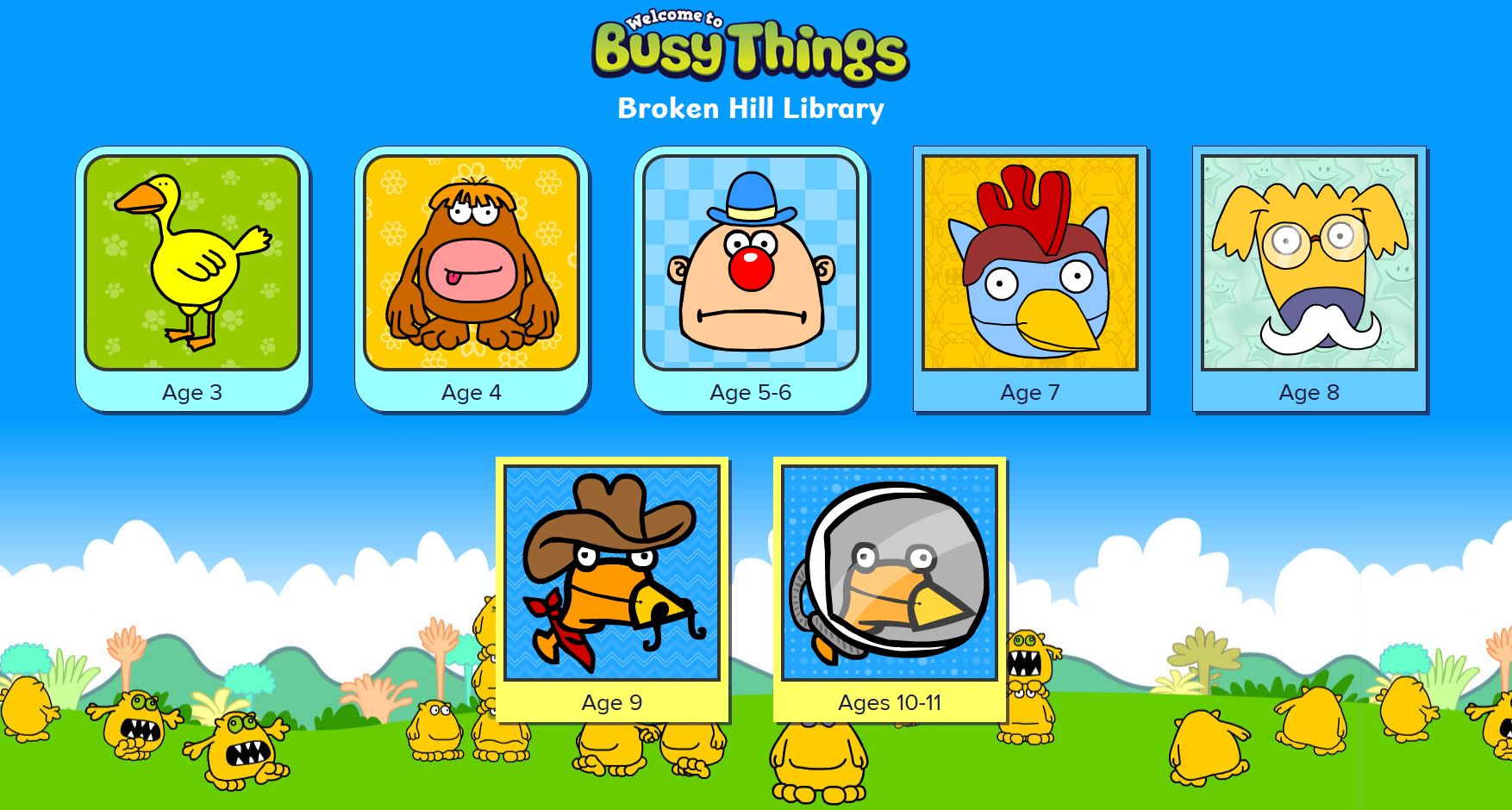 Screenshot of Busy things home page with wording - Welcome to Busy things for Broken Hill Library, there are seperate activity icons for ages 3 - 11.