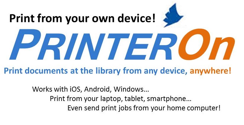 PrinterOn logo - Print documents at the library from any device, anywhere! Works with iOS, Android, smartphone and computer.