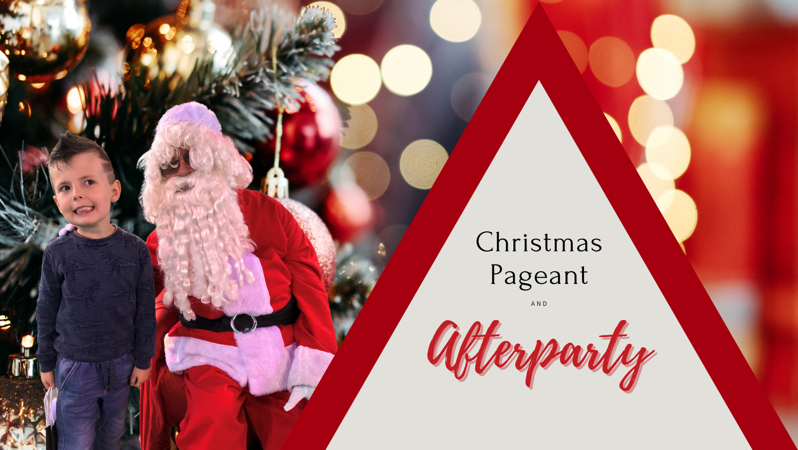 Christmas pageant and after party banner with child standing next to santa