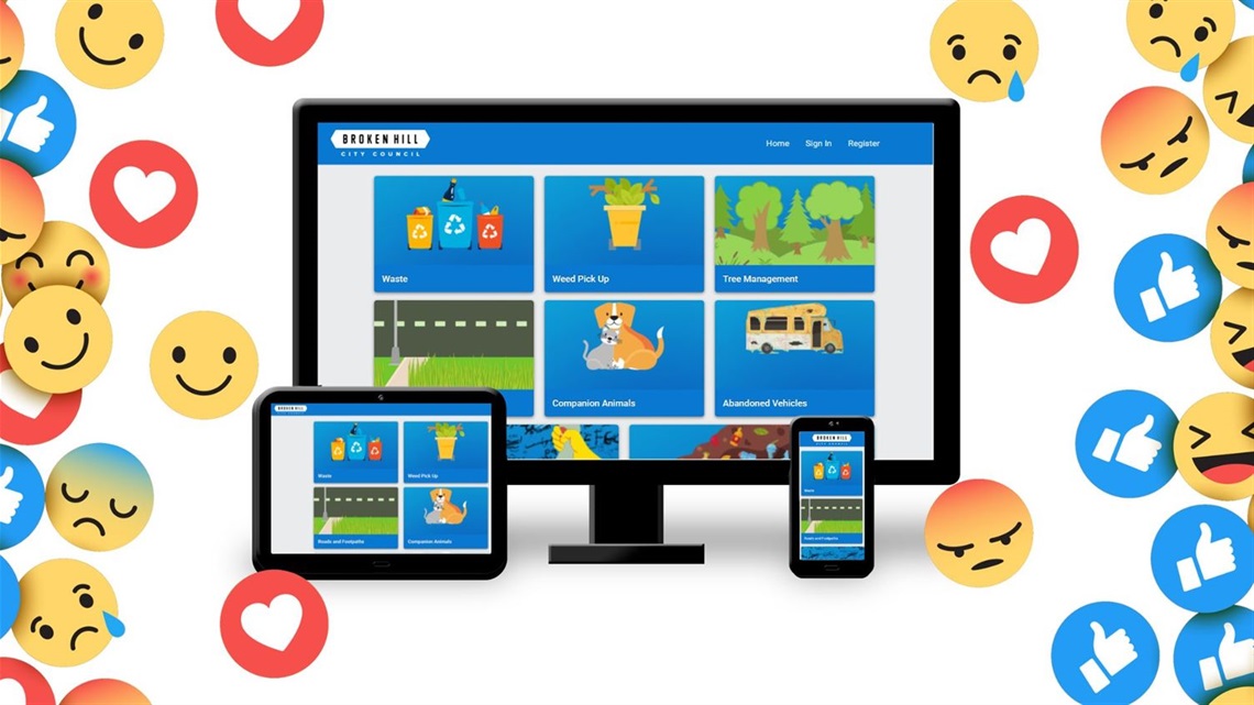 digital render of three digital screens showing a new online portal, the edges of the images have lots of animated reaction emojies