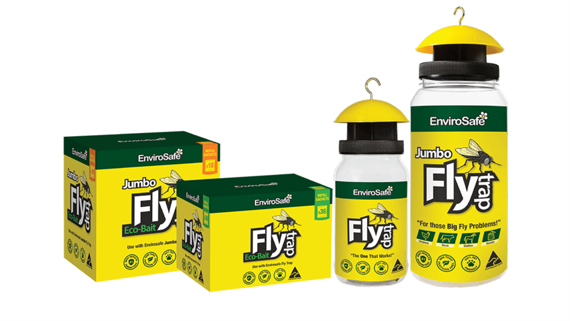 white background with four type of environmental fruit fly traps showing with yellow and green labels.