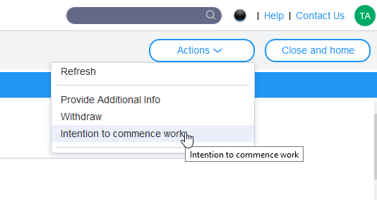 A screenshot of the NSW Planning Portal showing the intention to commence works button in the actions menu.
