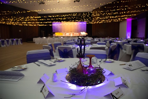 Civic Centre Auditorium with purple lighting and dinner setting