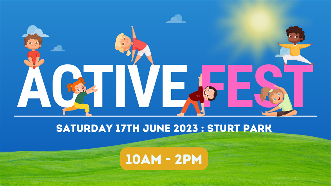 active fest cover photo with the words active fest and active character hanging on the words with date and time underneath