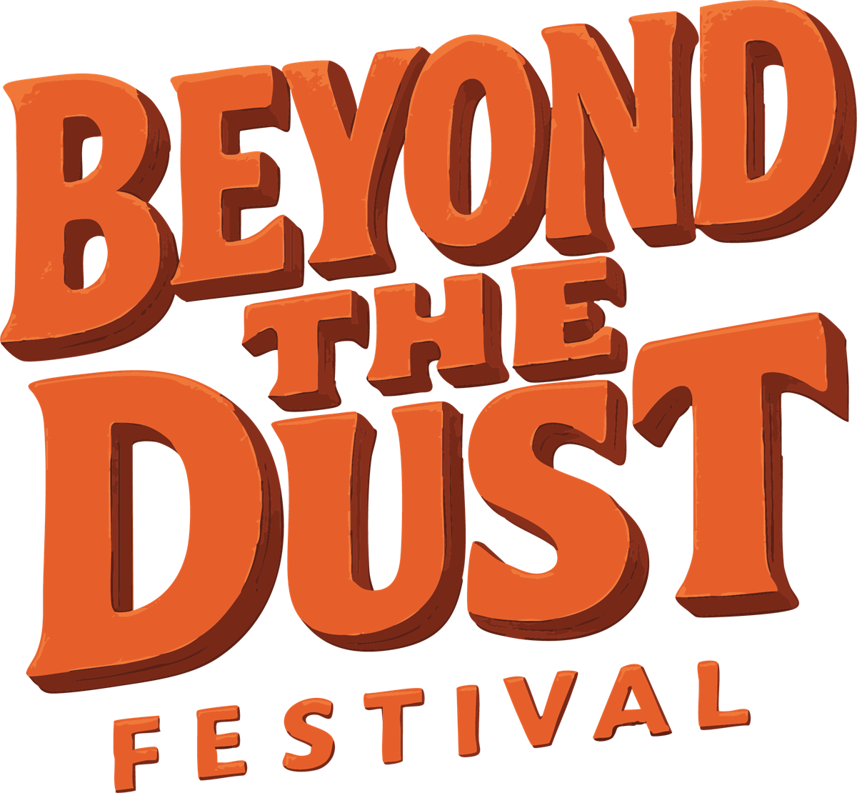 beyond the dust festival words stacked on top of each other in a desert orange color