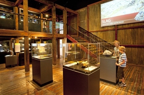 Kids looking at a mineral specimen in display cabinet