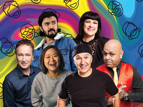 Six comedians standing in front of a rainbow swirl background that has smiling face outlines