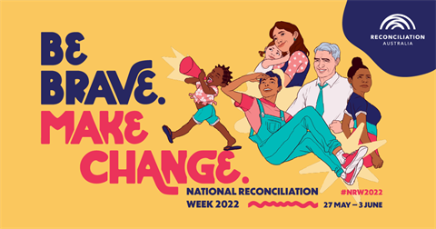 Yellow background with 'Be Brave Make Change' in large font. Cartoon people, including child holding megaphone, mother holding child, boy looking into distance, man with silver hair and serious expression, and woman standing tall and proud.  