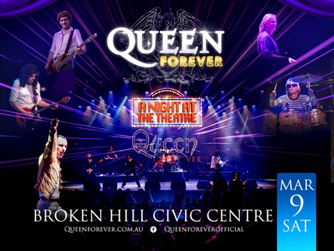Queen Forever band members - Gareth Hill, Scott Bastian, Brad Hodgkinson, Darryn McLaughlin and Danny Oakhill - live on stage portraying the original band.