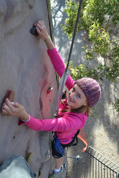 Young girl half way up a rock climbing wall attached to a harnessre.jpg