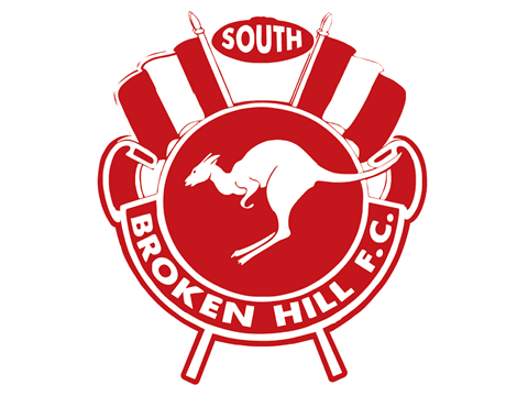 South Broken Hill Football Club Logo with red and white emblam and kangaroo in centre and flags above.