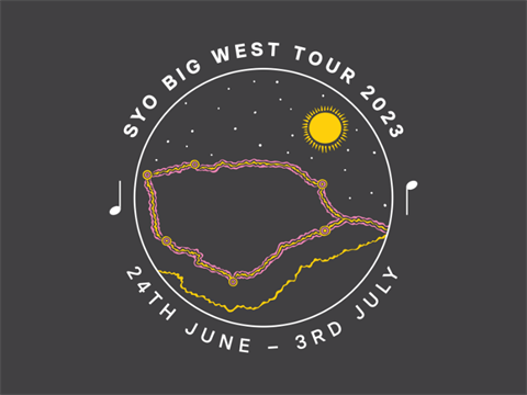 SYO Big West Tour 2023 Logo includes round outline with sun, stars and map of tour locations.