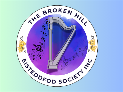 Logo of The Broken Hill Eisteddfod Society Inc featuring a harp, musical notes, and decorative elements on a blue and purple gradient background.