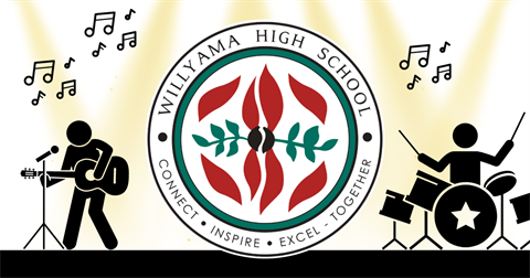 Logo of Willyama High School featuring a red and green emblem with the motto 'Connect, Inspire, Excel Together'. Silhouettes of musicians, one playing guitar and the other playing drums, with musical notes in the background, all under a radiant yellow light.
