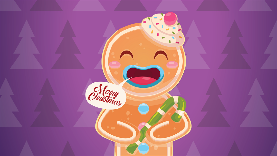 image of purple background with christmas trees and a gingerbread character saying merry christmas