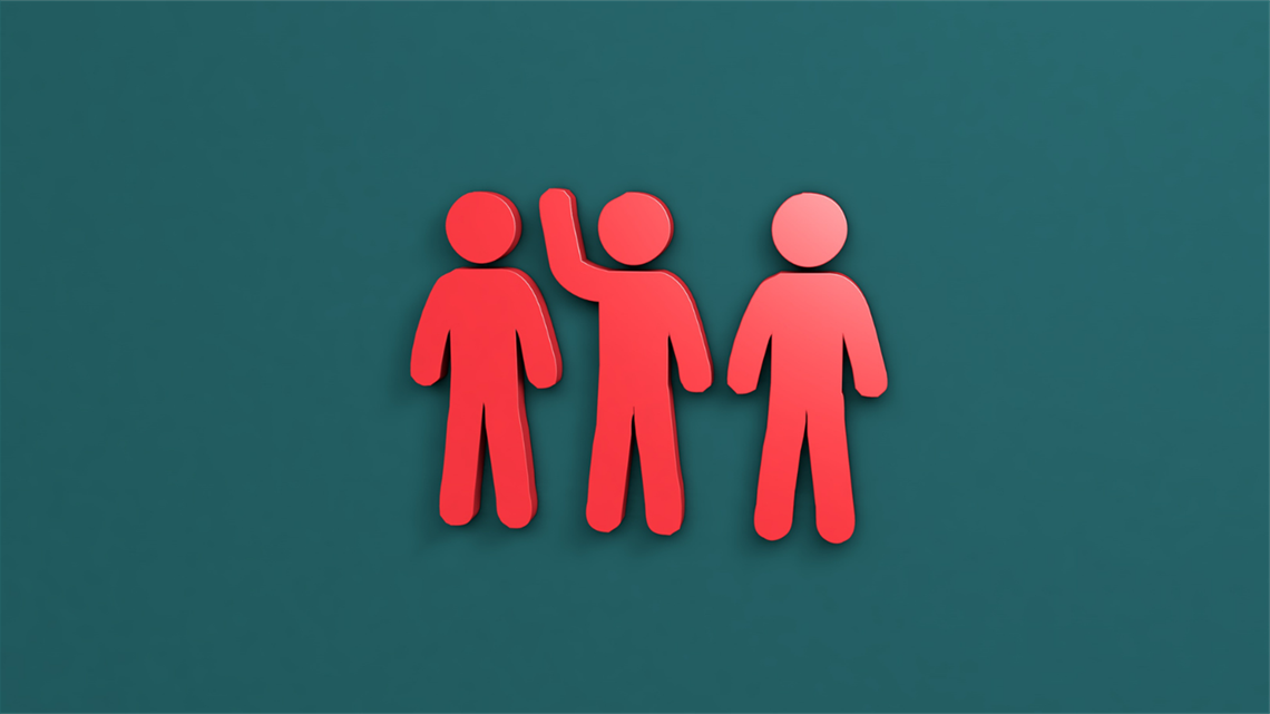green background colour with three red silhouettes of people, the middle person with their hand raised