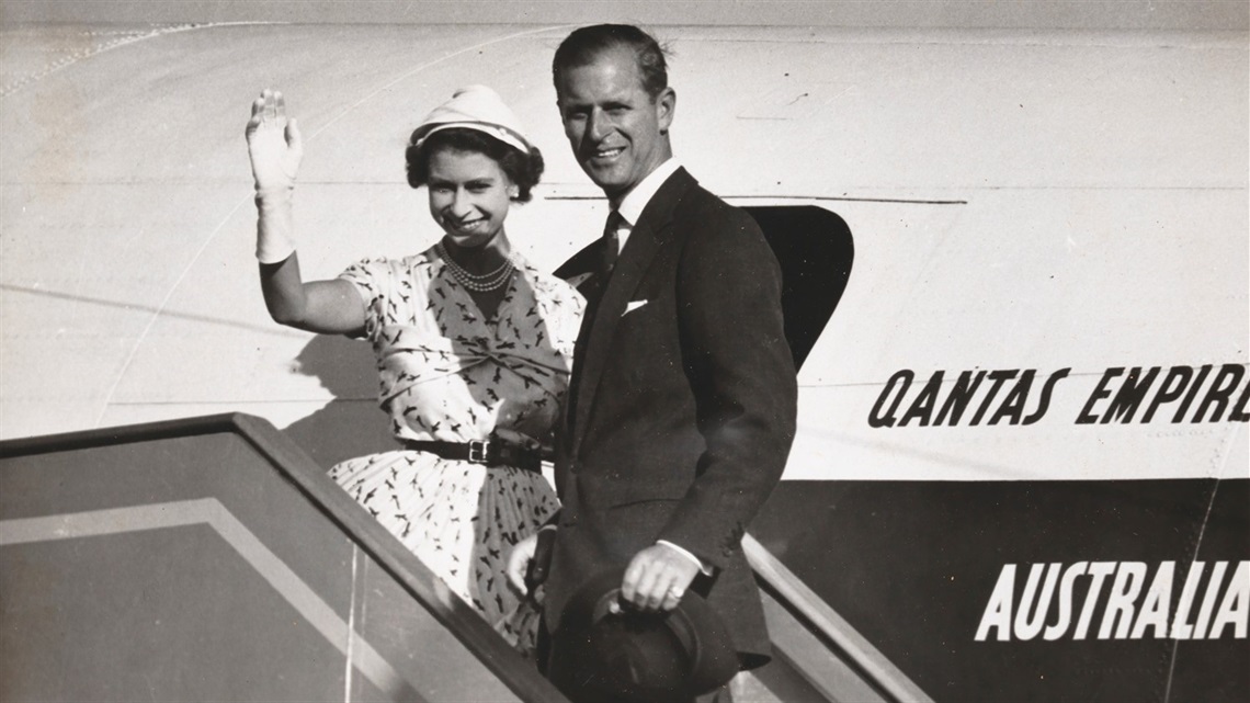 Her Majesty Queen Elizabeth and Duke of Edinburgh wave a final farewell to New South Wales as they board the Royal Plane at Broken Hill