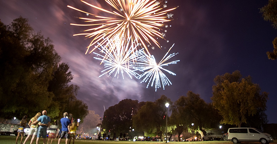 image of sturt park at evening with the backs of people in the foreground. You can see a fireworks display going off in the sky that people are looking at.