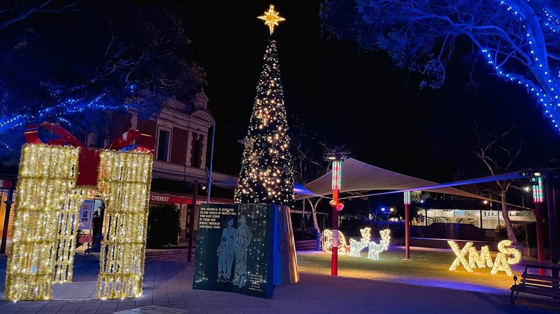 town square, argent street broken hill showing a christmas light up display.