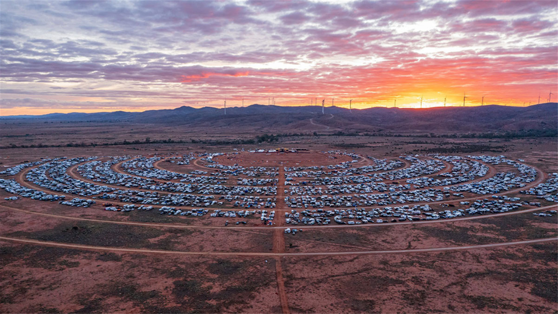 overhead view of the april 2022 mundi mundi bash showing the large crowd of 10000 people